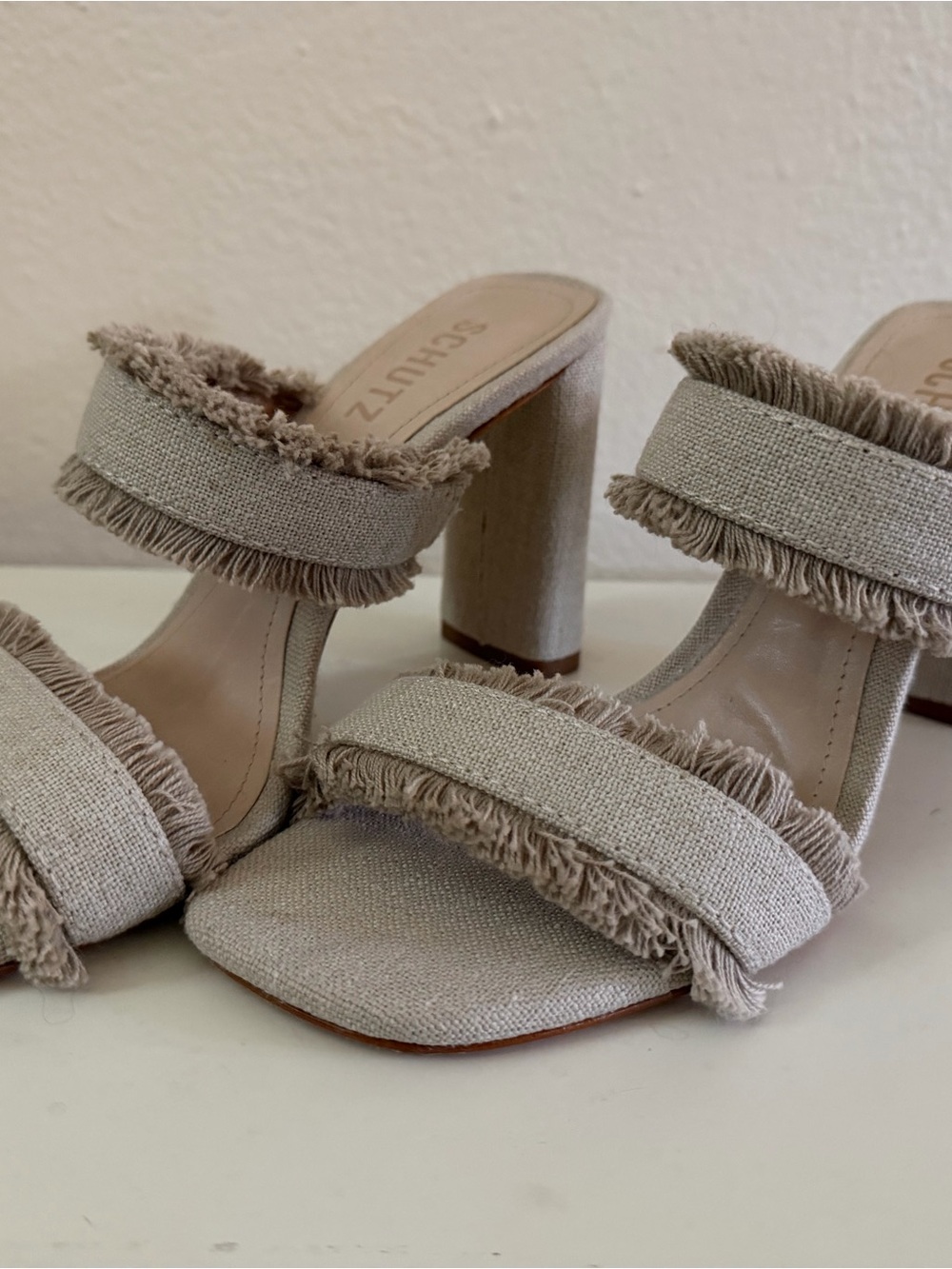 SCHUTZ Natural Fringed Double-Strap Block Heel Sandals